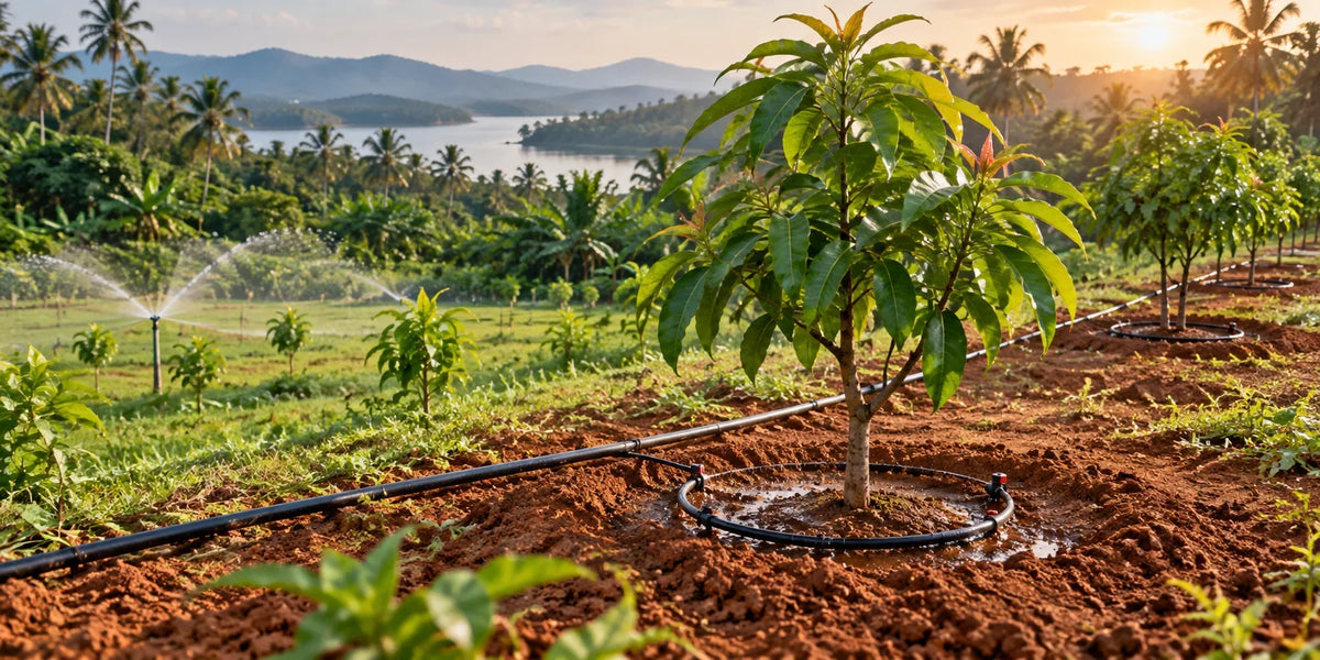 Orchard with drip irrigation and sprinklers