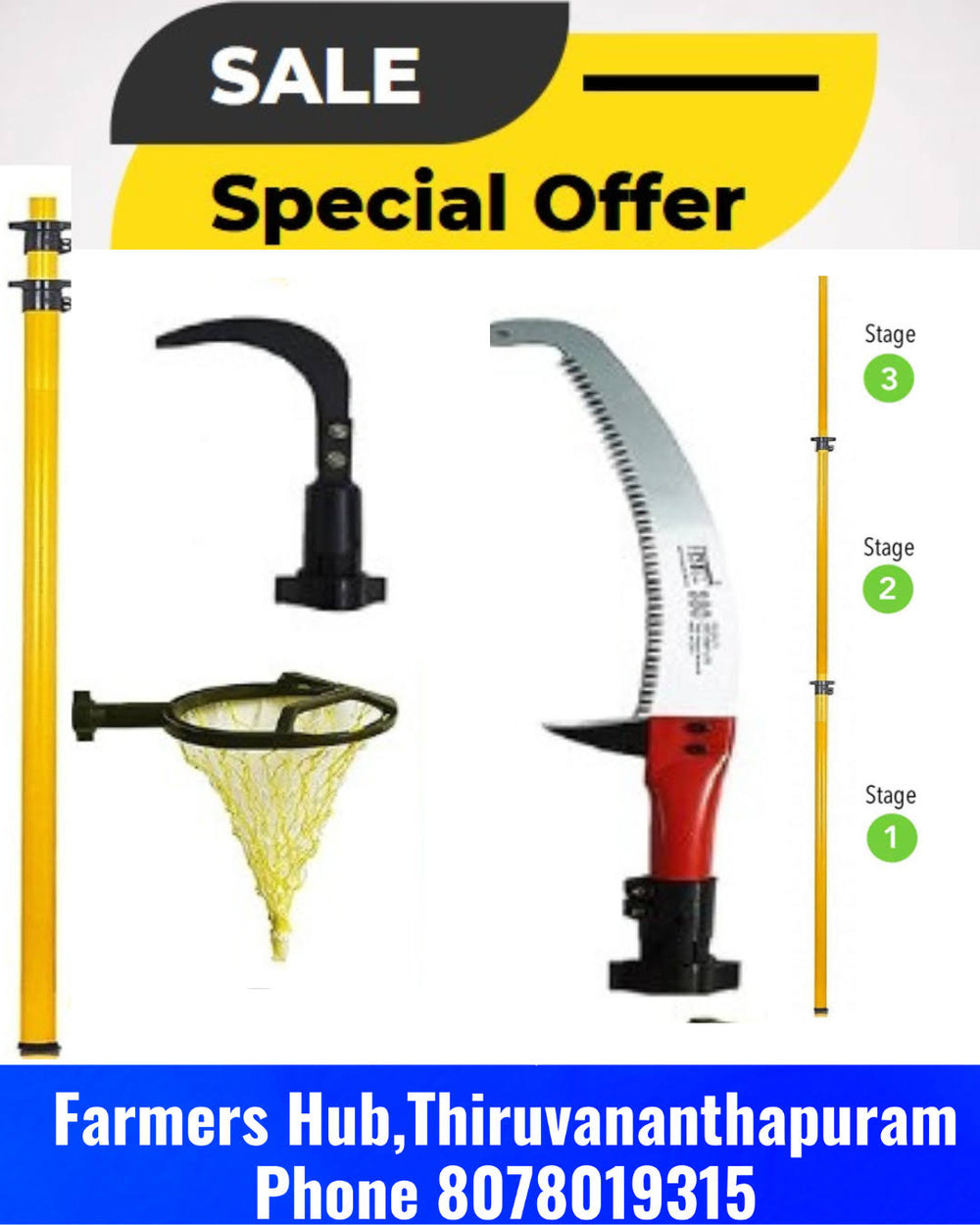 FESTEL Shock Proof Multipurpose Extendable Telescopic Pole with (3 Attachments) Coconut Plucker, Fruit Picker, Tree Pruner)