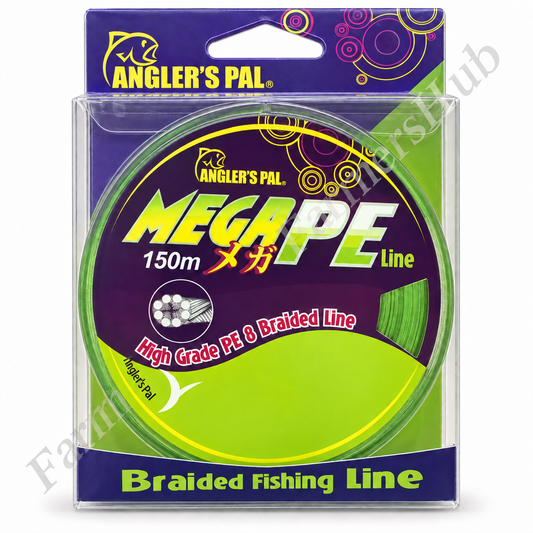 Angler's Pal Megape 150m braided fishing line on white background with FarmersHub watermark